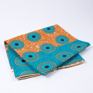 Turquoise and Orange Waxed Cotton African Print with Gold Metallic Glitter