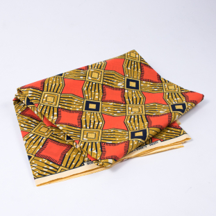 Tawny Olive and Red Orange Waxed Cotton African Print with Gold Metallic Glitter