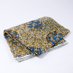 Skydiver Blue and Nugget Gold Waxed Cotton African Print with Gold Metallic Foil