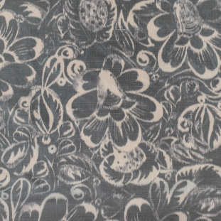 Oscar de la Renta Gray and Beige Floral Printed Silk Shantung