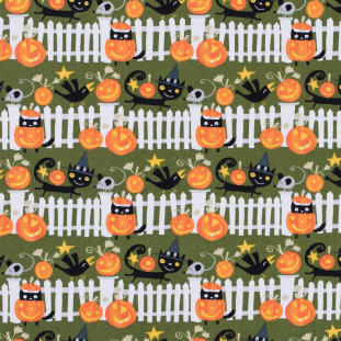 Black Cat and Pumpkin Filled Halloween Cotton Print