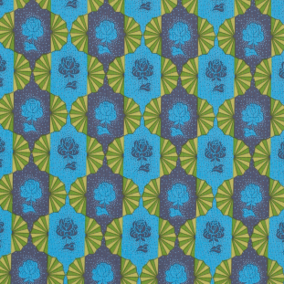 Blue and Green Geometric Rose Printed Cotton Woven