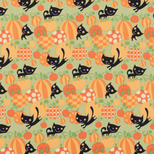 Halloween Cotton Print with Black Cats and Pumpkins