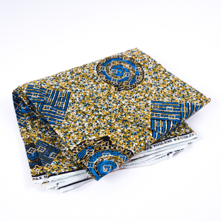 Gold and Blue Waxed Cotton African Print with Gold Metallic Foil