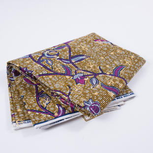 Rose and Blue Floral Waxed Cotton African Print with Gold Metallic Foil