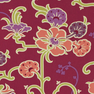Claret Red and Peach Pink Floral Printed Cotton Woven