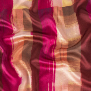 Magenta, Salmon, and Burgundy Painterly Stripes Silk Charmeuse