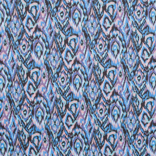 Azure Blue and Peach Nectar Ikat Printed Stretch Cotton Twill