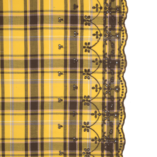Daffodil Yellow Plaid Cotton Twill with Floral Eyelet Border
