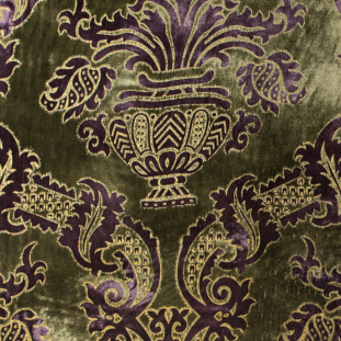 Deep Purple and Olive Branch Large-Scale Damask Velvet with Metallic Gold Foil