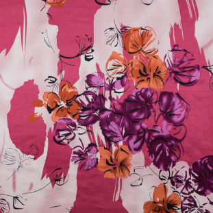Honeysuckle Pink, Flamingo and Vivid Viola Watercolor Floral Silk Charmeuse