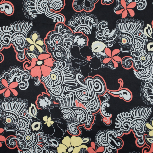 Black, Red Yucca and Linden Green Floral Printed Silk Charmeuse
