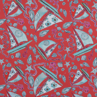 Carmine Red and Blue Nautical Printed Stretch Cotton Sateen
