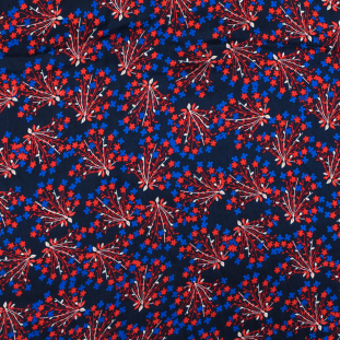 Maritime Blue and Red Floral Printed Silk Chiffon