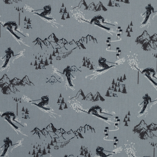 Cement Gray Skiers and Slopes Printed Brushed Cotton Twill