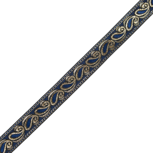 Blue and Metallic Gold Paisley Jacquard Ribbon - 1