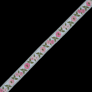 Pink and Green Floral Jacquard Ribbon - 0.75