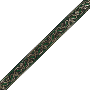 Green and Metallic Gold Paisley Jacquard Ribbon - 1