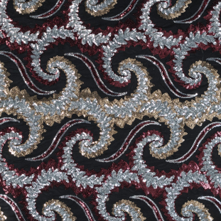 Red, Silver and Gold Paisley Sequined Netting in Black