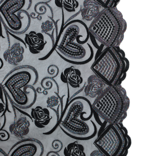 Black and Metallic Rainbow Floral and Heart Embroidered Mesh