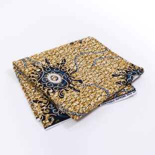 Gold and Dark Navy Waxed Cotton African Print with Gold Metallic Foil