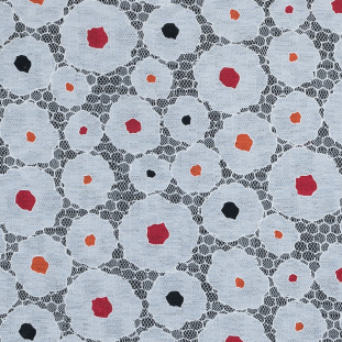 Red, Mandarin Orange and White Floral Printed and Embroidered Netting