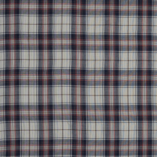 Ivory, Red and Blue Plaid and Striped Cotton Double Cloth