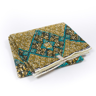 Teal and Nugget Gold Waxed Cotton African Print with Gold Metallic Foil