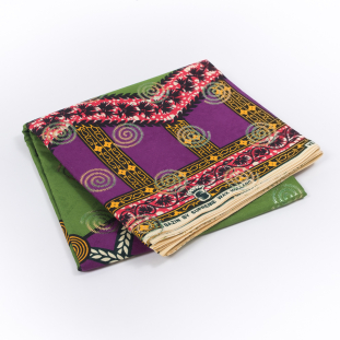 Purple and Green Waxed Cotton African Print with Inlaid Pattern and Metallic Ombre Spiral Foil