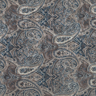 Blue and Taupe Paisley Printed Silk and Cotton Faille