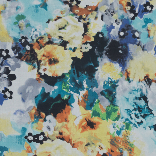 Yellow, Orange and Teal Abstract Floral Printed Silk Chiffon