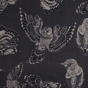 Beige and Black Owl Printed Silk Chiffon