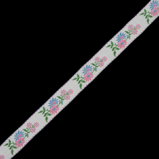 Pink and Blue Floral German Jacquard Ribbon - 0.875"