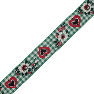 Floral and Heart Embroidered Green and White Gingham Jacquard Ribbon - 1.625"
