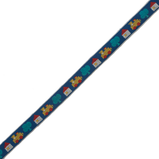 Blue and Yellow Train, House and Tree German Jacquard Ribbon - 0.625"