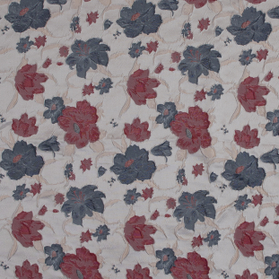 Navy, Red and Cream Floral Polyester Brocade