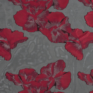 Red, Black and Metallic Silver Floral Organza Jacquard