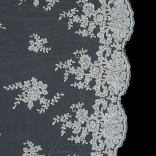 White and Silver Beaded Floral Bridal Lace with Scalloped Edges