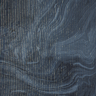 Abstract Wavy Blue Printed Silk Chiffon with Metallic Gold Stripes