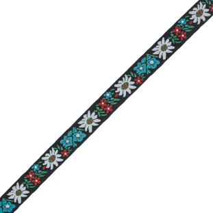 Black, White, and Blue Floral Jacquard Ribbon - 1"