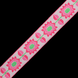 Neon Pink and White Floral Jacquard Ribbon - 1.625"