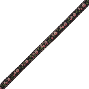 Pink and Black Floral German Jacquard Ribbon - 0.5"