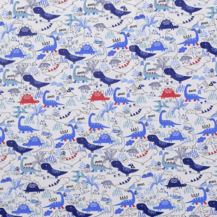 Blue and White Dinosaur Printed Organic Cotton Shirting