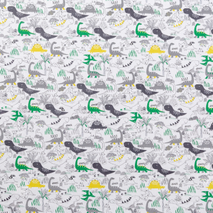 Gray, Green and Yellow Dinosaur Printed Organic Cotton Shirting