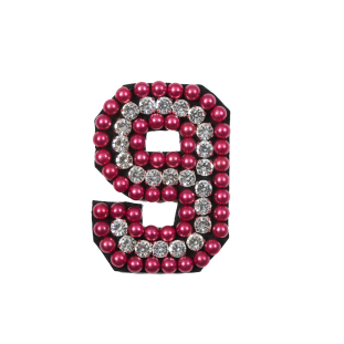 Italian Number 9 Patch with Pink Pearls and Rhinestones- 2.75" x 2"