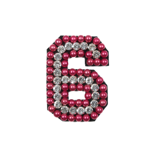 Italian Number 6 Patch with Pink Pearls and Rhinestones- 2.75" x 2"