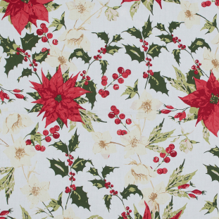 Red Poinsettia and Holly Holiday Cotton Sateen