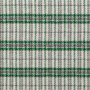 Emerald Green and Gray Plaid Polyester and Wool Tweed