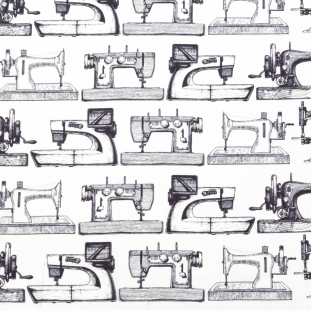 Mood Exclusive White and Black Vintage Sewing Machines Mercerized Cotton Voile