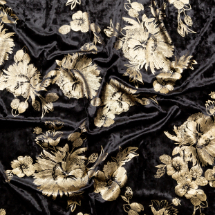 Black Stretch Velour with Metallic Gold Floral Foil